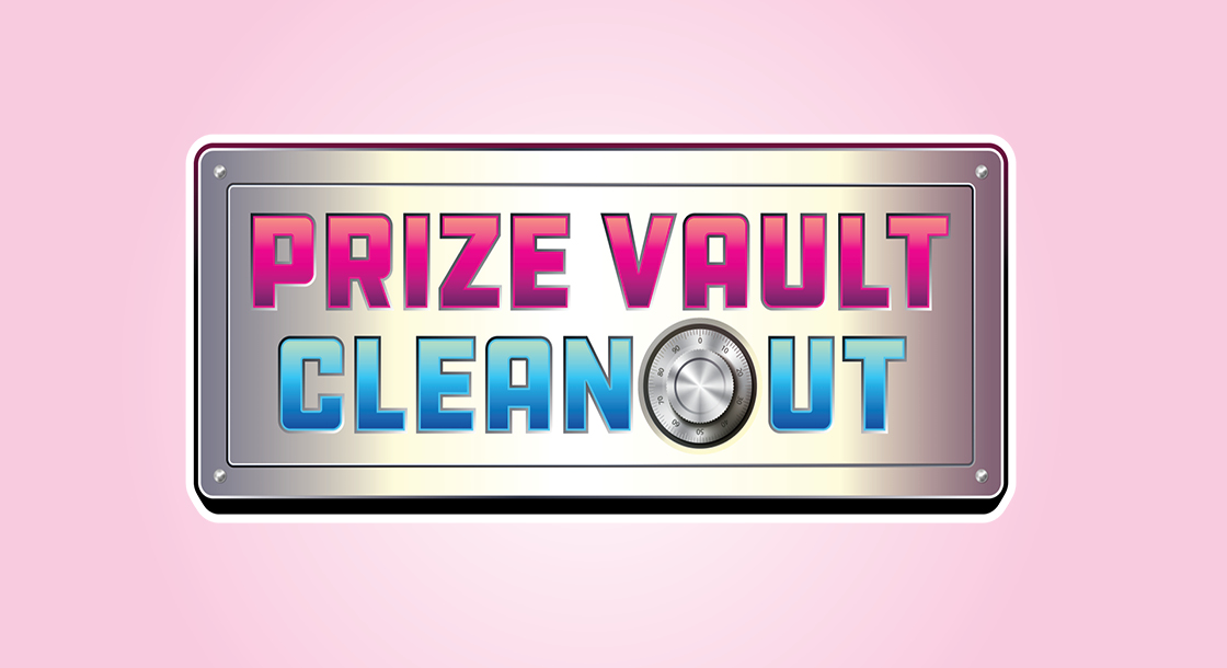 pink and blue words against a pink background read: Prize Vault Cleanout, the "O" in out is replaced with a combination lock.