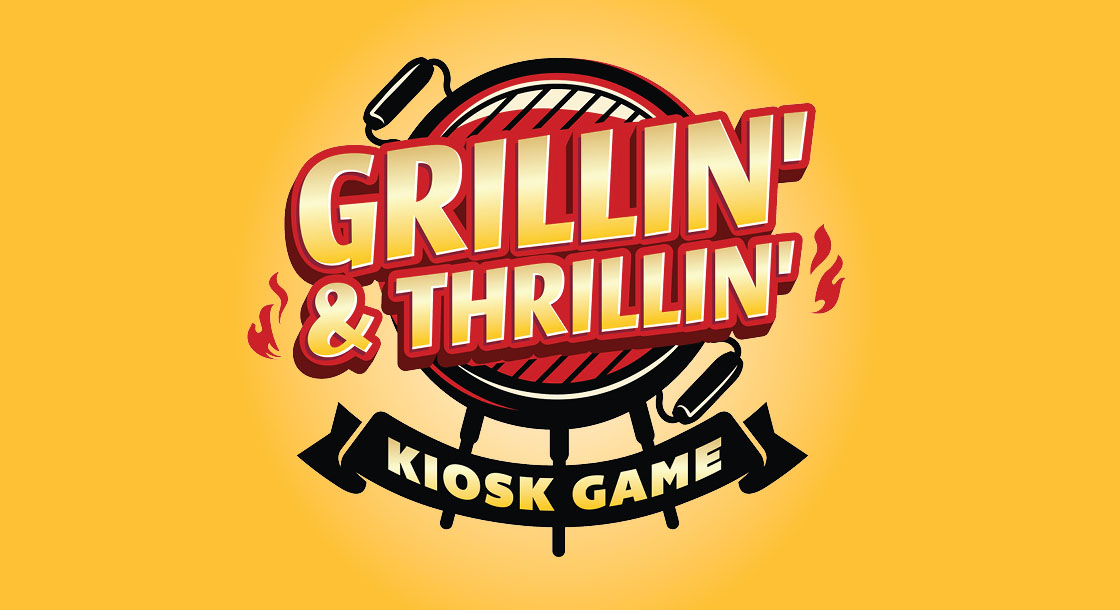 "Grillin' & Thrillin'" written over a grill, in front of a light orange background.