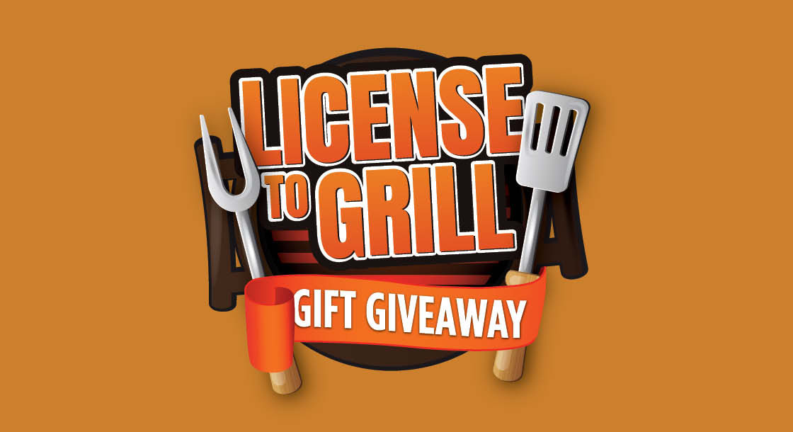 "License To Grill" written over a grill with grilling utensils, over a dark orange background