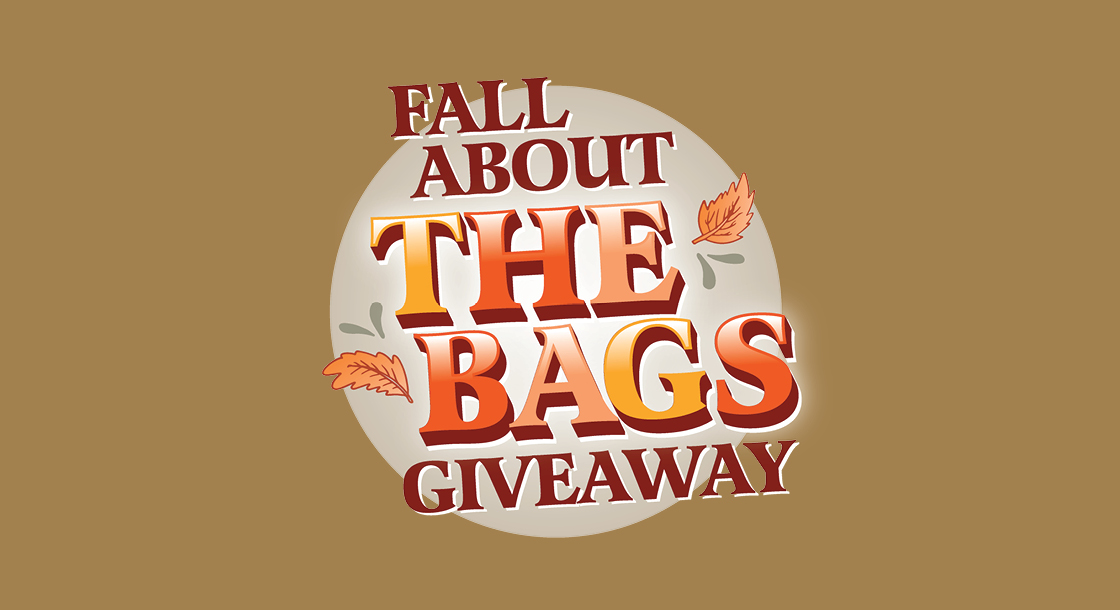 "Fall About The Bags Giveaway" Logo in a light gray circle on a brown background