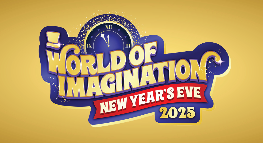 World of Imagination New Year's Eve 2025 logo on a gold background