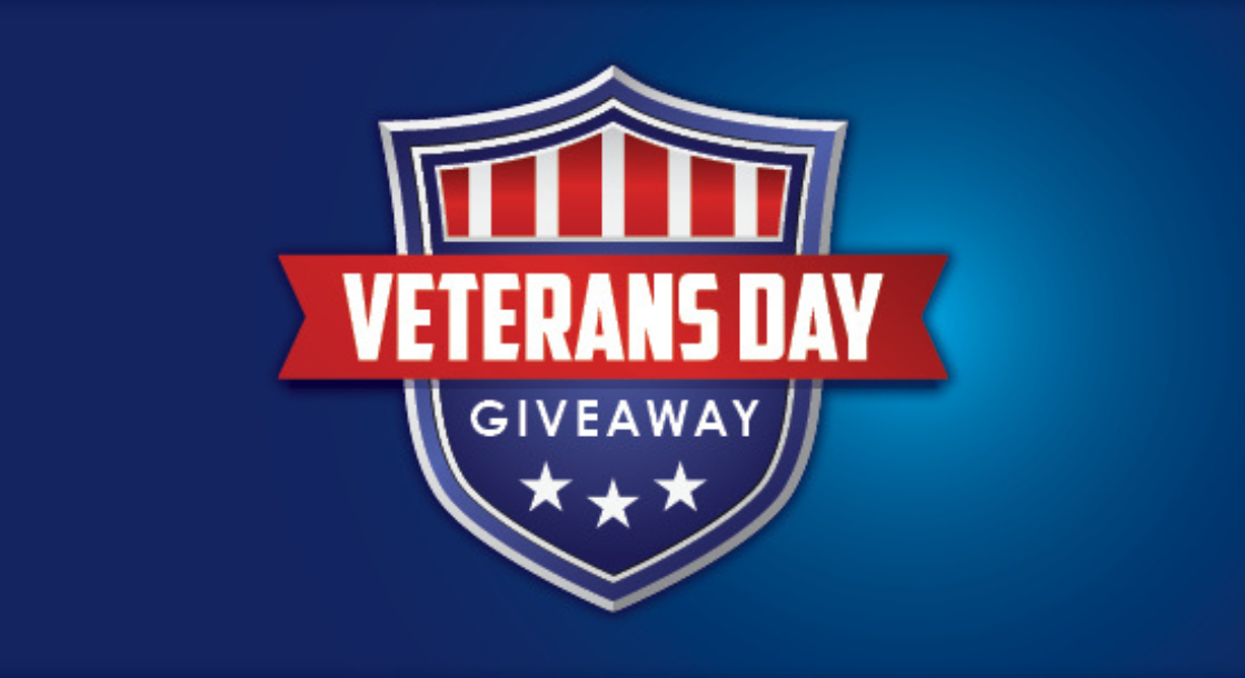 Our Veterans Day Giveaway logo on a dark blue background.